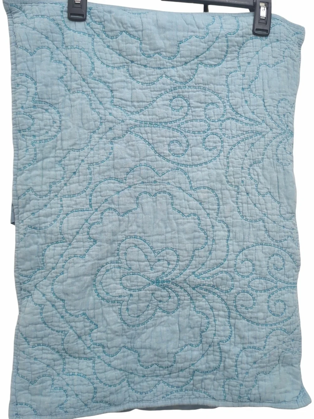 Vintage French Antik Batik Quilted Pillow Shams Pair Blue Cotton Standard Boho